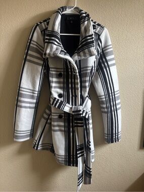 BCX Black and White Plaid Belted Coat